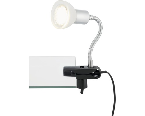 Lumină cu clemă cu braț flexibil argintiu și cap de lampă alb