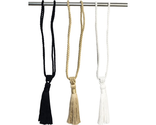Trei cordoane decorative cu ciucuri în negru, bej și alb agățate pe o bară