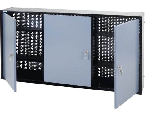Dulap suspendat Küpper 1200x600x190 mm, cu 3 uși, 4 polițe și panou perforat Dulap suspendat Küpper 1200x600x190 mm, cu 3 uși, 4 polițe și panou perforat