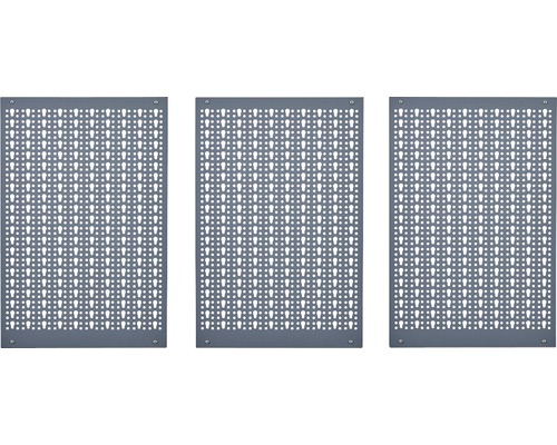 Panou perforat pentru scule și unelte Küpper 1200x600x10 mm, incl. 12 cârlige Trei panouri metalice perforate cu un model uniform de găuri
