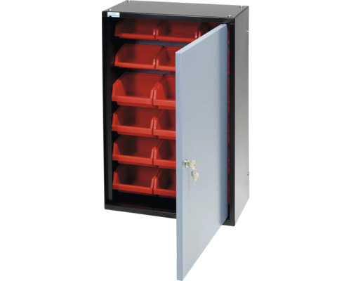 Dulap suspendat Küpper 400x600x190 mm, cu 1 ușă și 18 casete de organizare Dulap cu sertare roșii și ușă deschisă