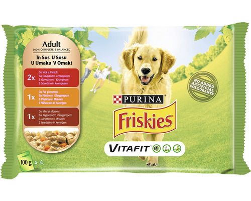 Hrană umedă pentru câini PURINA Friskies Adult cu pui, vită si miel în sos 4x100 g-0