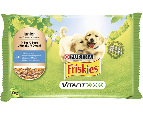 Hrană umedă pentru câini PURINA Friskies Junior cu pui în sos 4x100 g