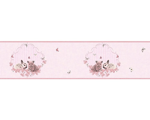 Bordură tapet cameră copii iepure&pisică roz 5 m x 13 cm Bordură decorativă cu motive de pisici, iepuri și fluturi pentru camera copiilor.