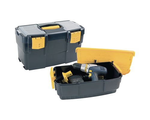 Cutie plastic pentru scule ArtPlast Tekna 42x22x34 cm, cu 2 compartimente Două cutii de scule, una închisă, cealaltă deschisă cu scule