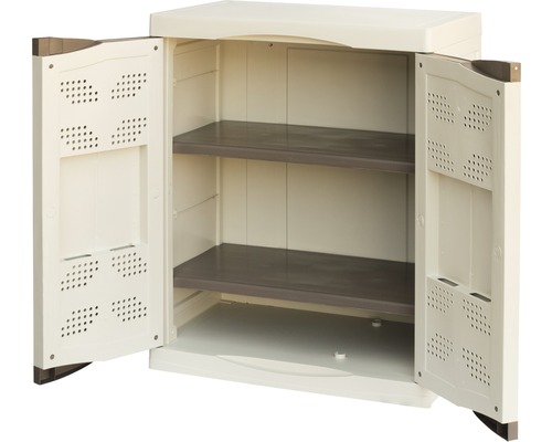 Dulap de grădină din plastic cu două uși deschise și două rafturi