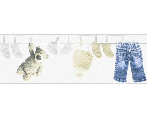 Bordură tapet cameră copii Teddy alb/bej 5 m x 17 cm Sfoară de rufe cu haine de bebeluși și ursuleț de pluș