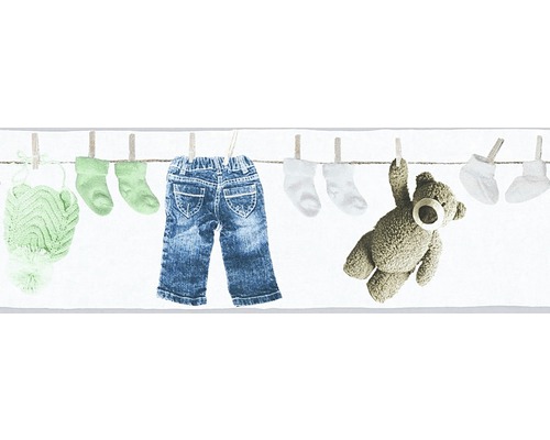 Bordură tapet cameră copii Teddy gri/verde 5 m x 17 cm Ilustrație cu haine de bebeluș și un ursuleț de pluș pe o sfoară de rufe