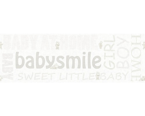 Bordură tapet cameră copii baby smile argintiu 5 m x 17 cm Tapet cu motive pentru bebeluși și inscripții precum Babysmile, Boy, Girl și Home