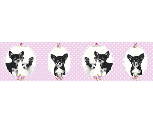 Bordură tapet cameră copii Chihuahua roz 5 m x 13 cm Bordură decorativă cu motive Chihuahua și model cu buline