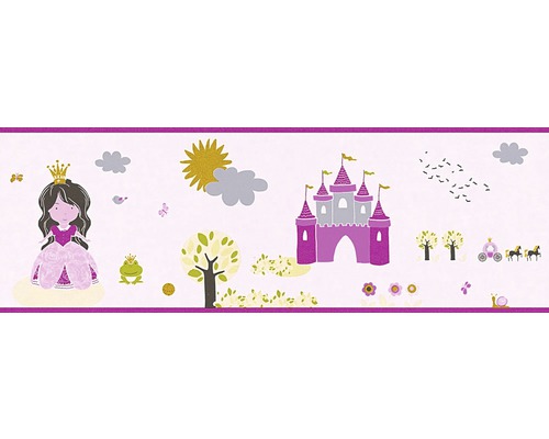 Bordură tapet cameră copii model prințesă roz 5 m x 17 cm Bordură cu prințese, castel și motive de basm pentru camera copiilor