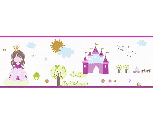 Bordură tapet cameră copii model prințesă alb/roz 5 m x 17 cm Bordură pentru cameră de copii cu prințesă, castel și motive de basm