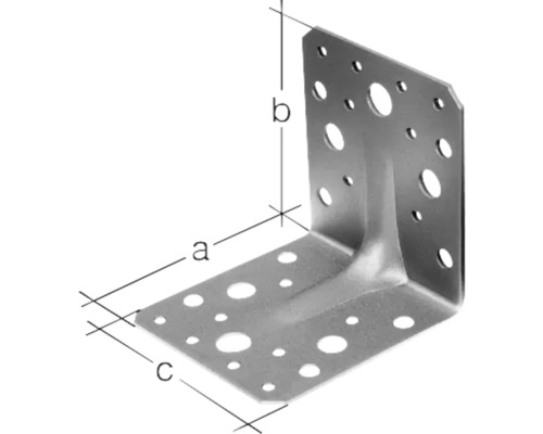 Conector unghiular din metal cu găuri și indicații de dimensiune