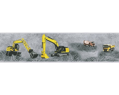 Bordură tapet cameră copii Bagger gri 5 m x 13 cm Tapet cu vehicule de șantier, cum ar fi excavatoare și betoniere