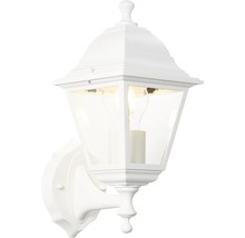 Lumină de perete albă pentru exterior, în stil felinar, cu sticlă transparentă