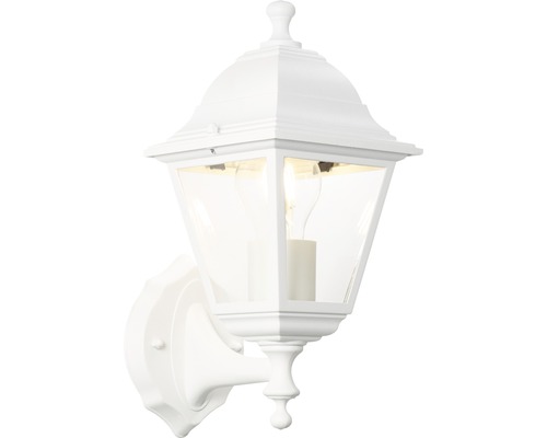 Lumină de perete albă pentru exterior, în stil felinar, cu sticlă transparentă