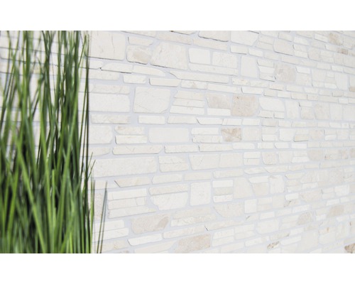 Placare perete din piatră naturală cu iarbă în prim-plan