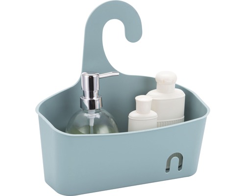 Raft de duș cu cârlig și diverse articole de baie.