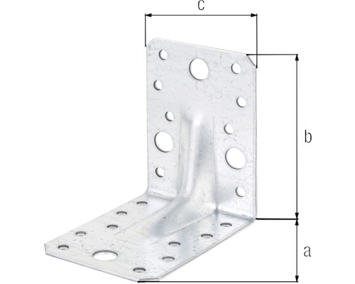 Conector unghiular metalic cu găuri și specificații de dimensiuni