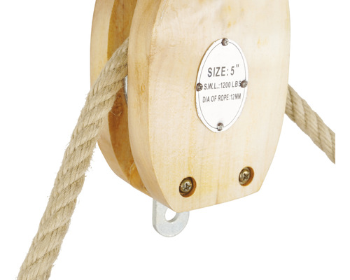 Scripete din lemn cu frânghie, dimensiune 5 inchi, sarcină de lucru sigură 1200 livre, diametru frânghie 12 milimetri