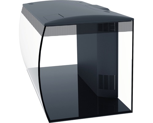 Acvariu cu față din sticlă curbată și sistem de filtrare