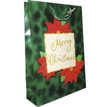 Sac de cadouri cu inscripția Crăciun Fericit și motiv Poinsettia