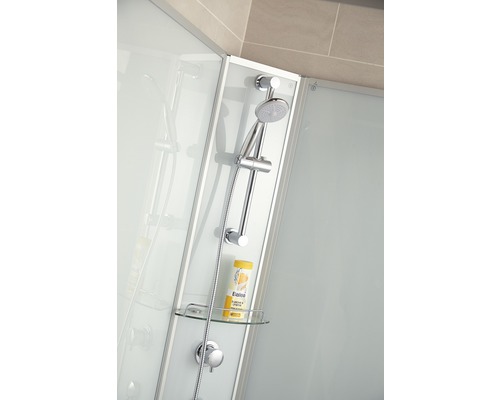 Cabină de duș cu duș de mână, bară de duș și raft