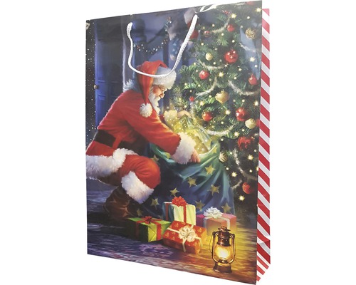 Sac de cadouri cu motiv de Moș Crăciun, brad de Crăciun, cadouri și lanternă