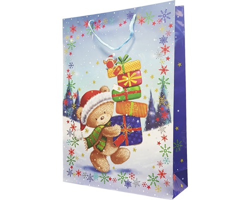 Sac de cadou cu ursuleț de pluș, cadouri de Crăciun și fulgi de zăpadă