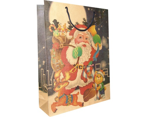 Sac de cadou cu motiv Moș Crăciun și mânere de sfoară