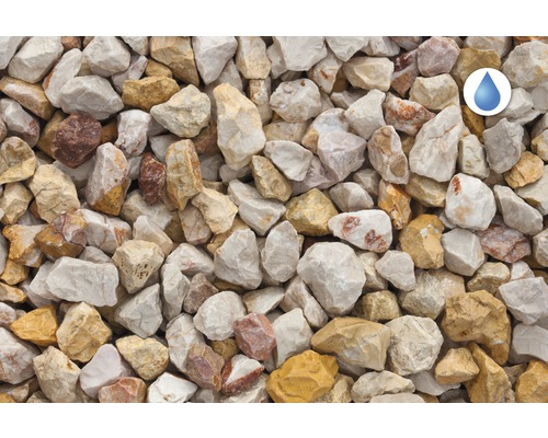 Prim-plan cu pietriș decorativ cu simbol de permeabilitate la apă