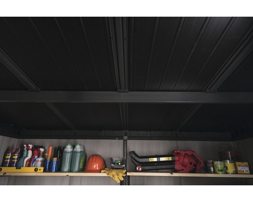 Raft în căsuța de grădină cu unelte de grădinărit și scule depozitate