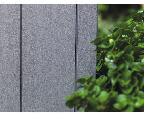 Prim-plan cu placare fațadă din plastic lângă o plantă verde