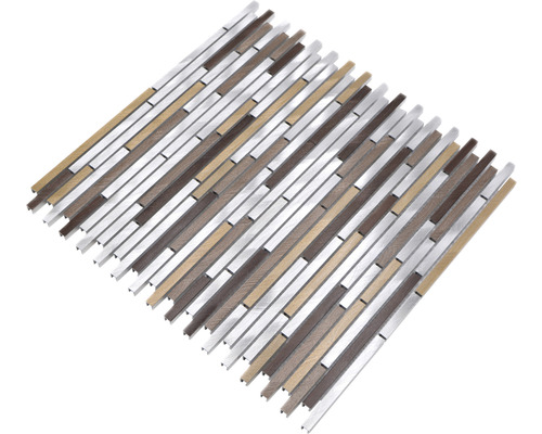 Placă mozaic cu aspect de lemn și elemente metalice