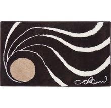 Covor dreptunghiular, maro, cu fibre lungi, cu linii crem și motiv circular