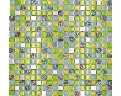 Mozaic sticlă-metal XCE 99 mix verde 30,5x32,2 cm Placă de mozaic cu elemente pătrate din sticlă și metal