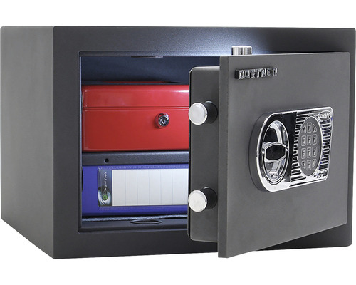 Seif de mobilier gri deschis, cu blocare electronică cu cifru și cutie de depozitare roșie și albastră