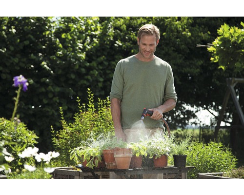 Un bărbat udă plante în ghivece cu un furtun de grădină în grădină.