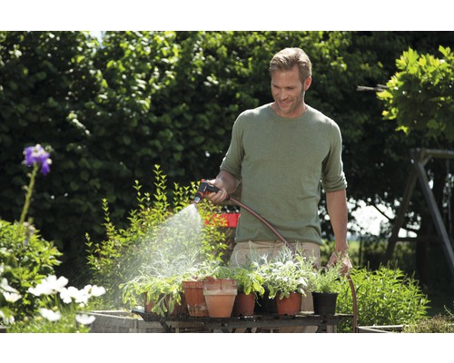 Un bărbat udă plantele din grădină cu un pulverizator de grădină și cu un furtun de grădină.