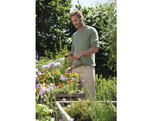 Bărbat udând flori cu furtunul de grădină în grădină.