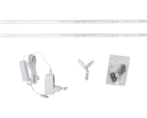 Două corpuri de iluminat cu LED, o sursă de alimentare, un întrerupător, un distribuitor și accesorii de montaj