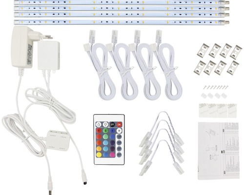 Baghete LED RGB QL Lighting 40cm 3W, 4 bucăți, incl. telecomandă & alimentator Set de lumini LED cu telecomandă, sursă de alimentare, cabluri de conectare și accesorii de montare