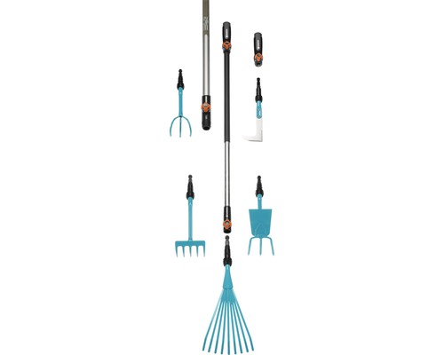 Gardena combisystem cu diverse accesorii și mânere pentru grădinărit