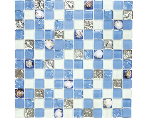 Mozaic sticlă XCM 8OP8 mix scoici-albastru 30x30 cm Placă de mozaic cu sticlă, scoici și decor