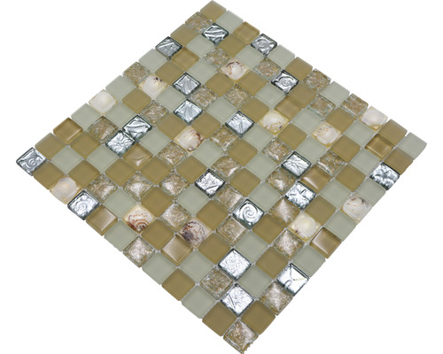 Placă de mozaic cu elemente din sticlă, piatră și scoici