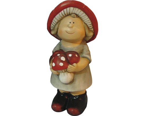 Figurină copil cu ciupercă, argilă, roșu și gri