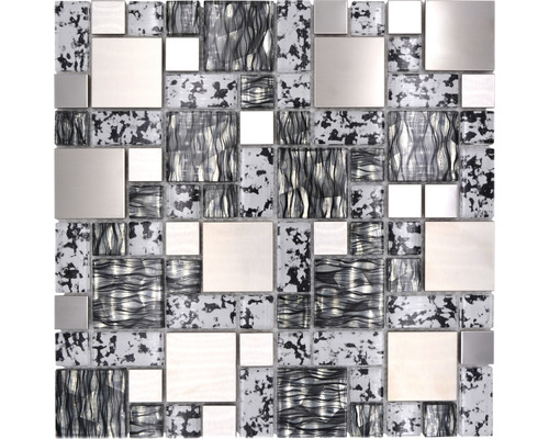 Mozaic sticlă-metal XCM MC629 negru 30x30 cm Placă de mozaic pătrată cu elemente din sticlă și metal