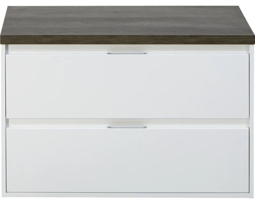 Set mobilier baie suspendat Sanox Porto 90 cm PAL alb Corp inferior cu două sertare și blat cu aspect de lemn