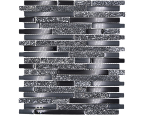 Mozaic sticlă-piatră naturală XCM MV798 gri-negru 29,8x33,8 cm Covor mozaic cu decor de piatră și elemente alungite, lucioase