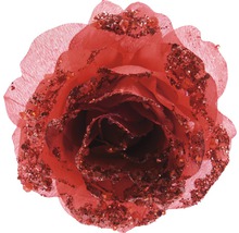 Trandafir decorativ roșu din material textil cu sclipici